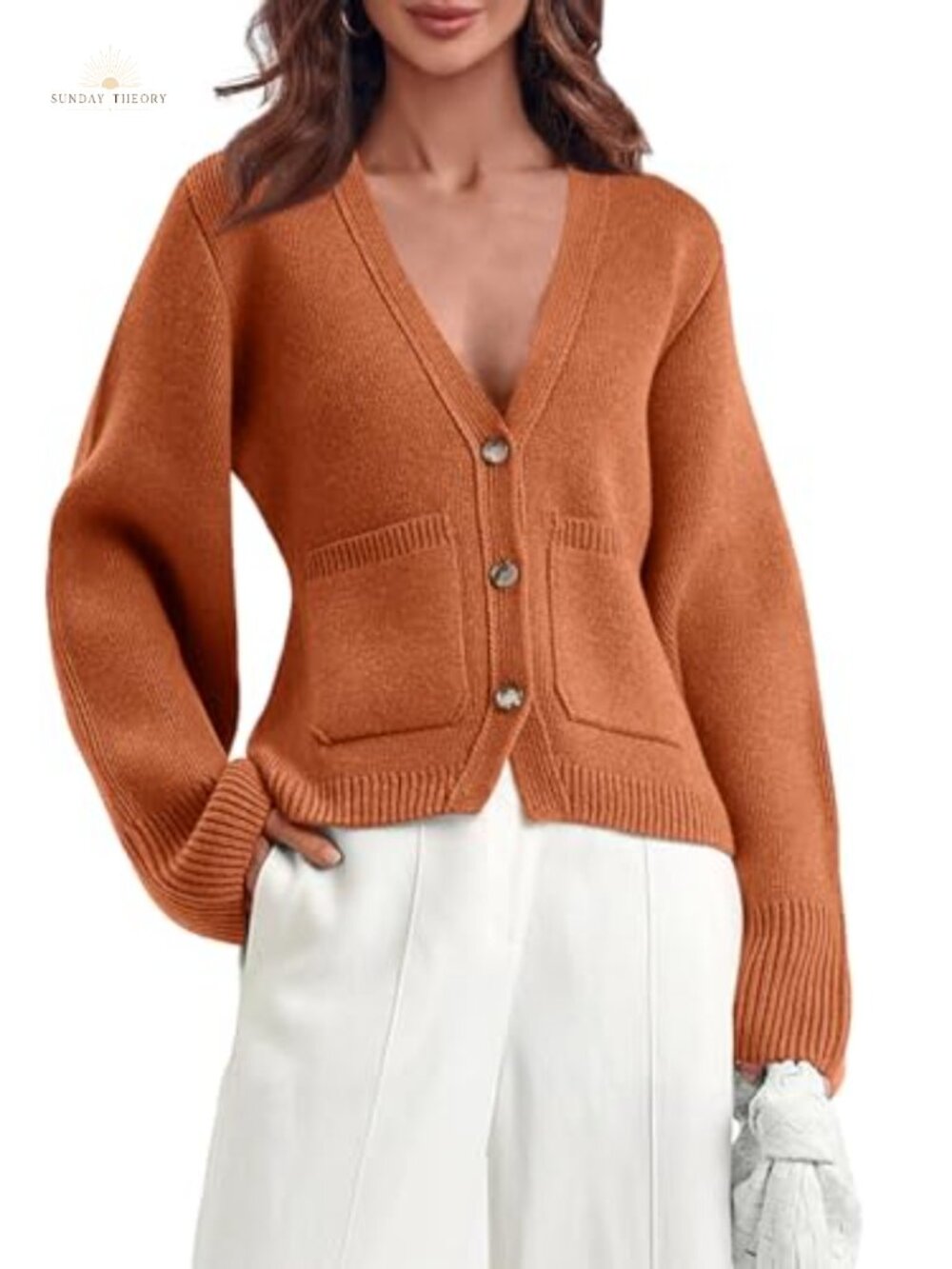 Deep V Neck Open Front Cropped Knit Cardigan Sweater with Pockets